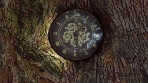 フィロリーの中にある木に埋め込まれた時計